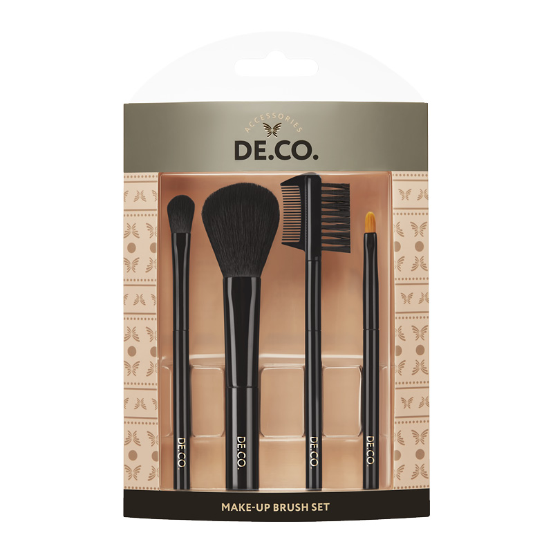 Набор мини-кистей для макияжа DECO. 4 шт (для пудры и румян, теней, губ, бровей и ресниц)