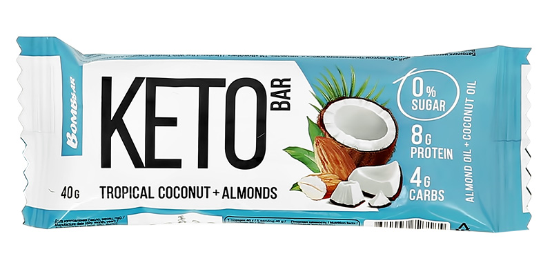 Батончик неглазированный со вкусом тропического кокоса и миндаля «Kето», Bombbar, 40 г